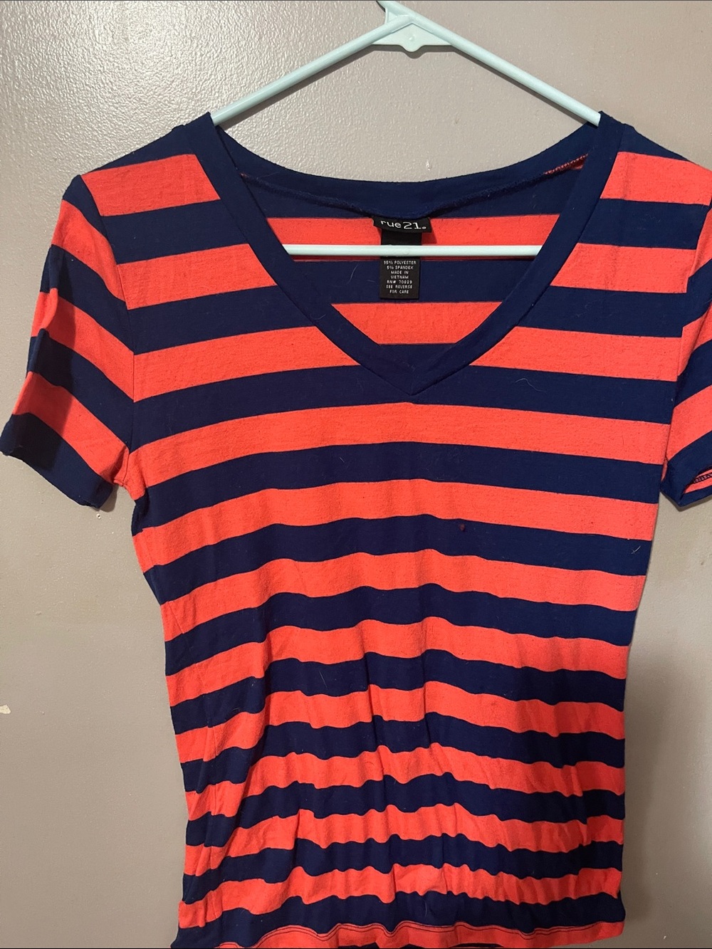 Rue21 Coral and Navy Striped V-Neck Short Sleeve Top